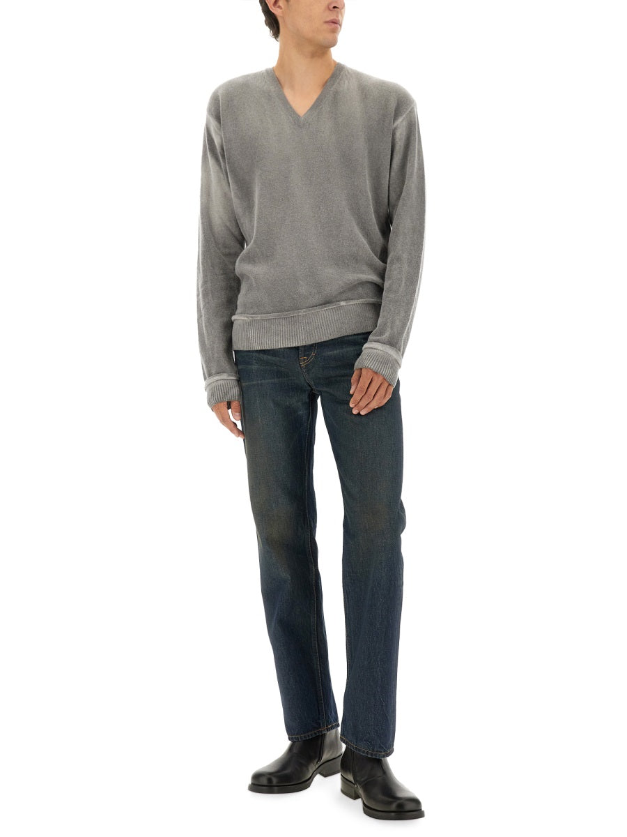 OUR LEGACY Men's V-Neck Wool Sweater with Dropped Shoulders