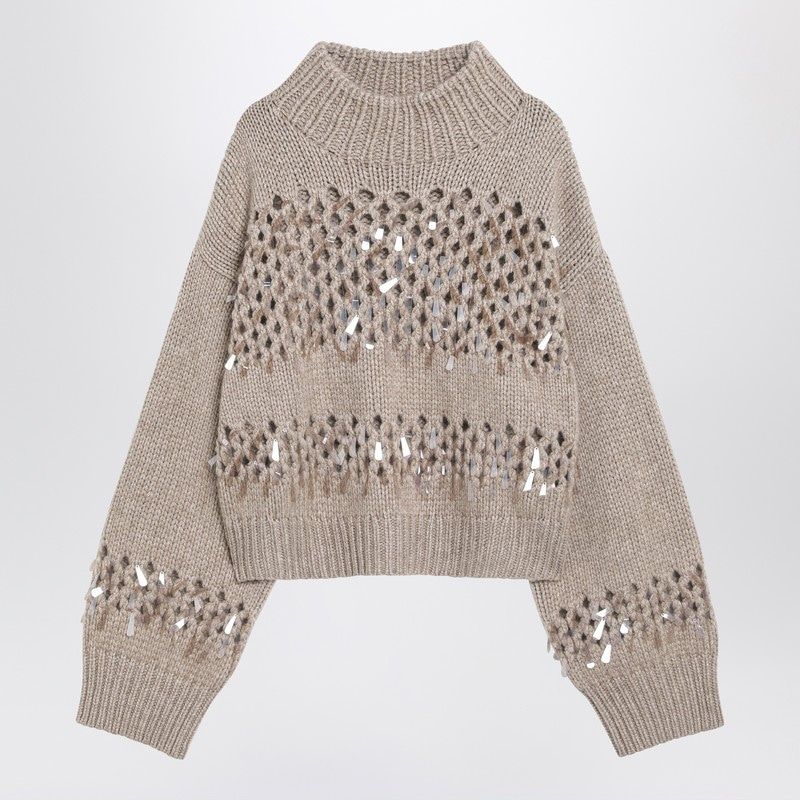 BRUNELLO CUCINELLI Openwork Sweater with Sequins and High Collar for Women