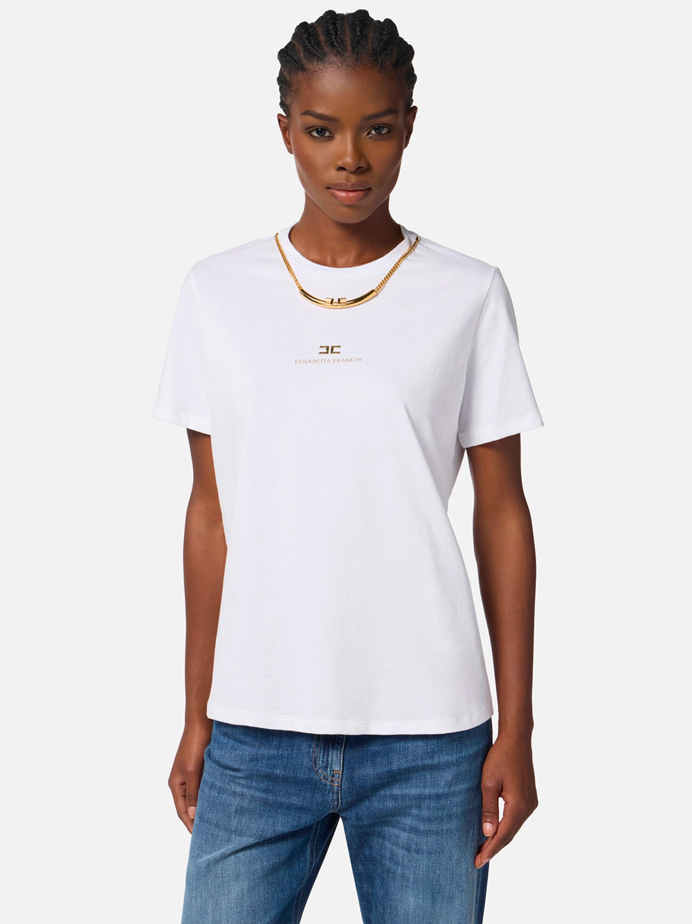 ELISABETTA FRANCHI Cotton T-Shirt with Decorative Necklace