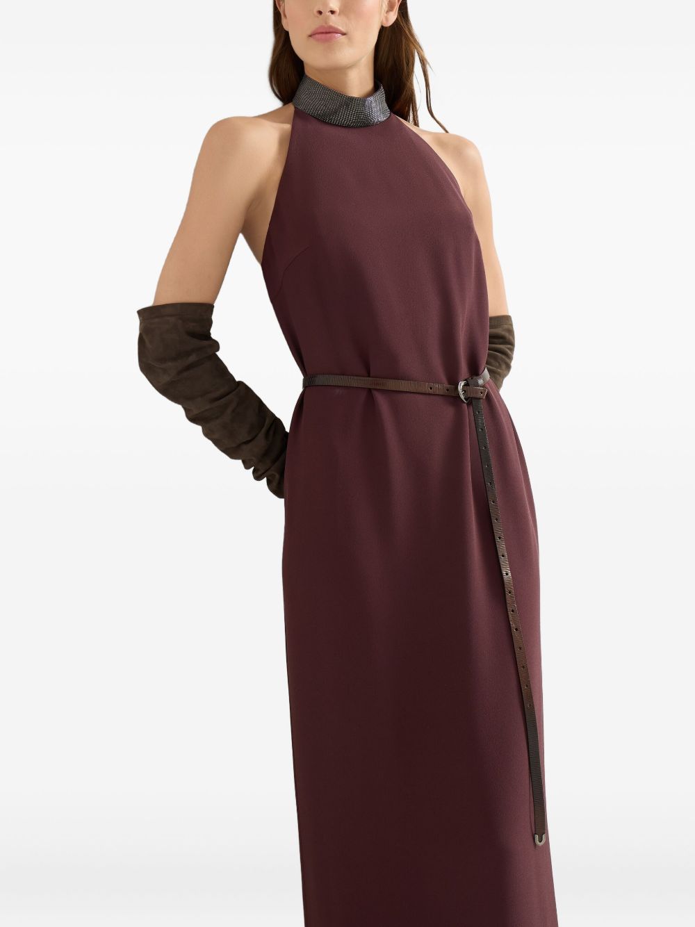 BRUNELLO CUCINELLI Silk Blend Maxi Dress with Embellished Neckline