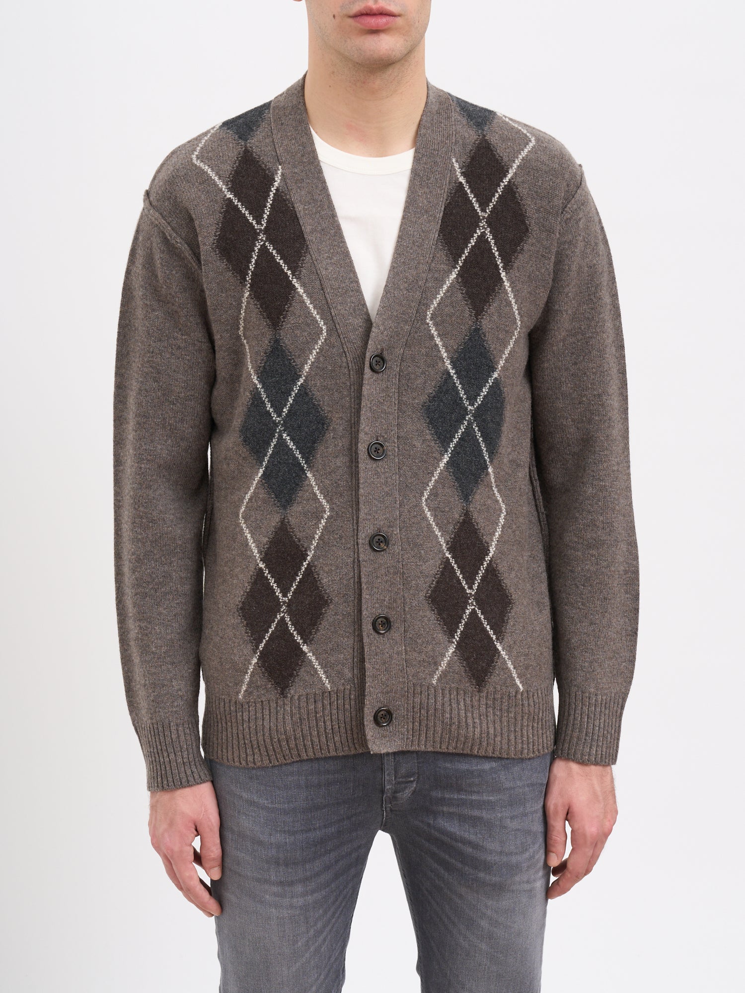PAOLO PECORA V-Neck Check Wool Cardigan - Medium