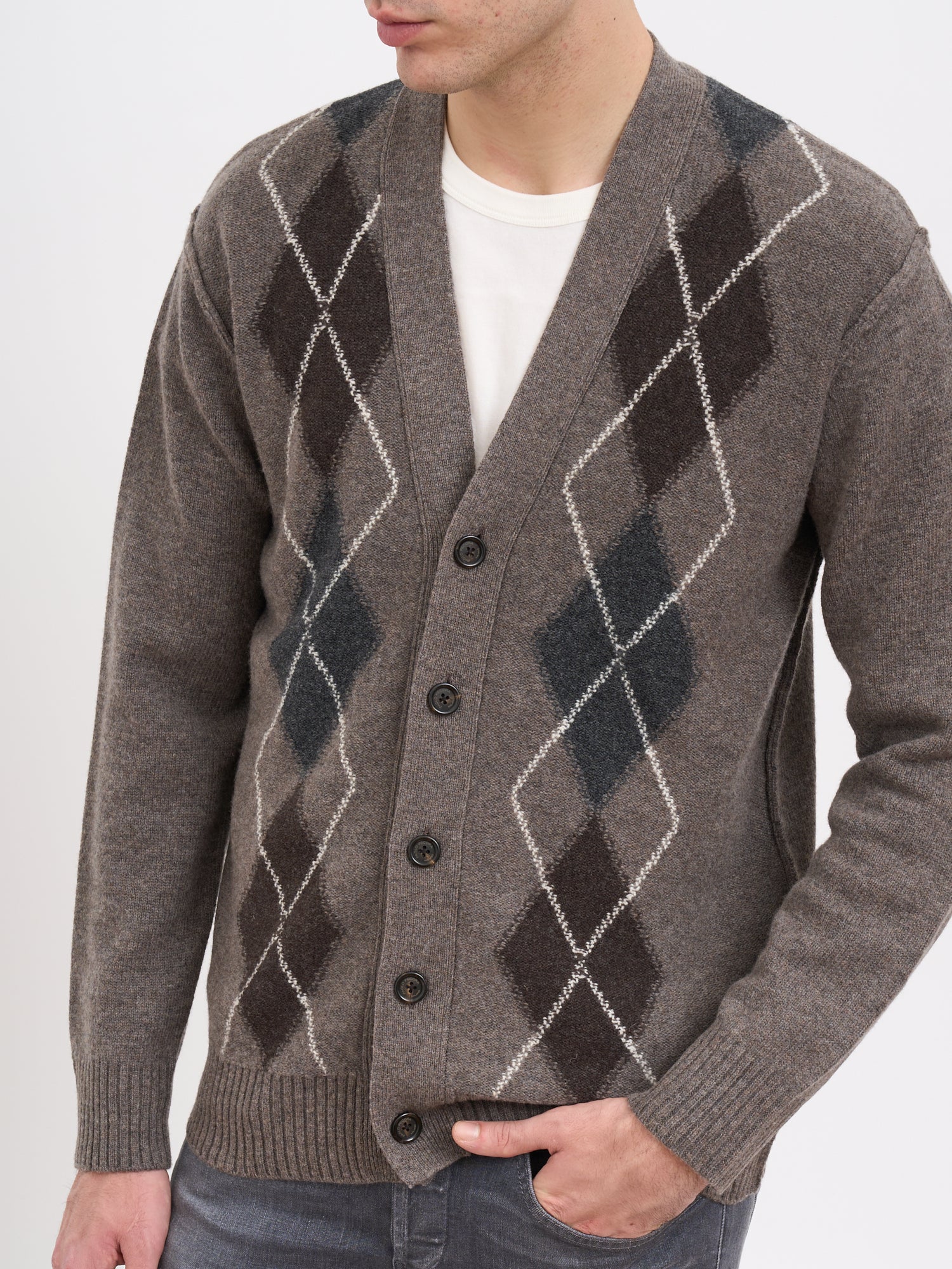 PAOLO PECORA V-Neck Check Wool Cardigan - Medium