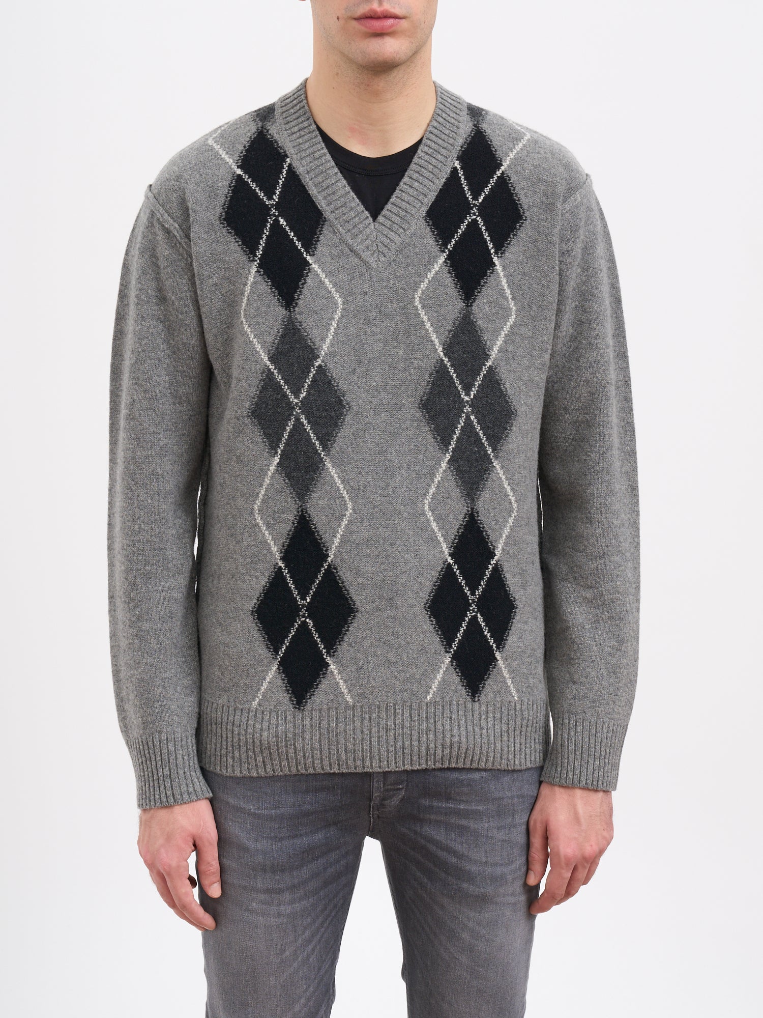 PAOLO PECORA Checkered Design Wool V-Neck Sweater - Size Medium