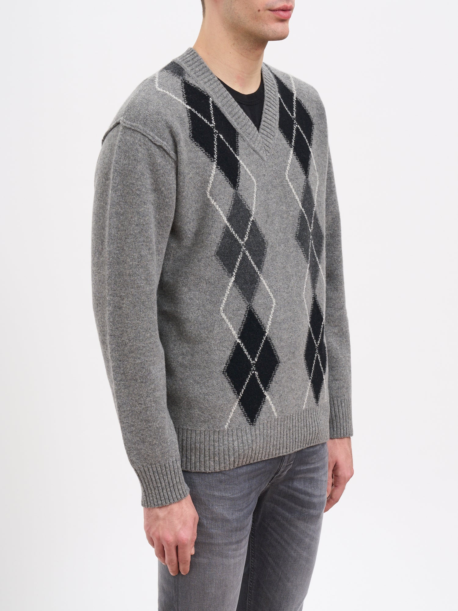 PAOLO PECORA Checkered Design Wool V-Neck Sweater - Size Medium