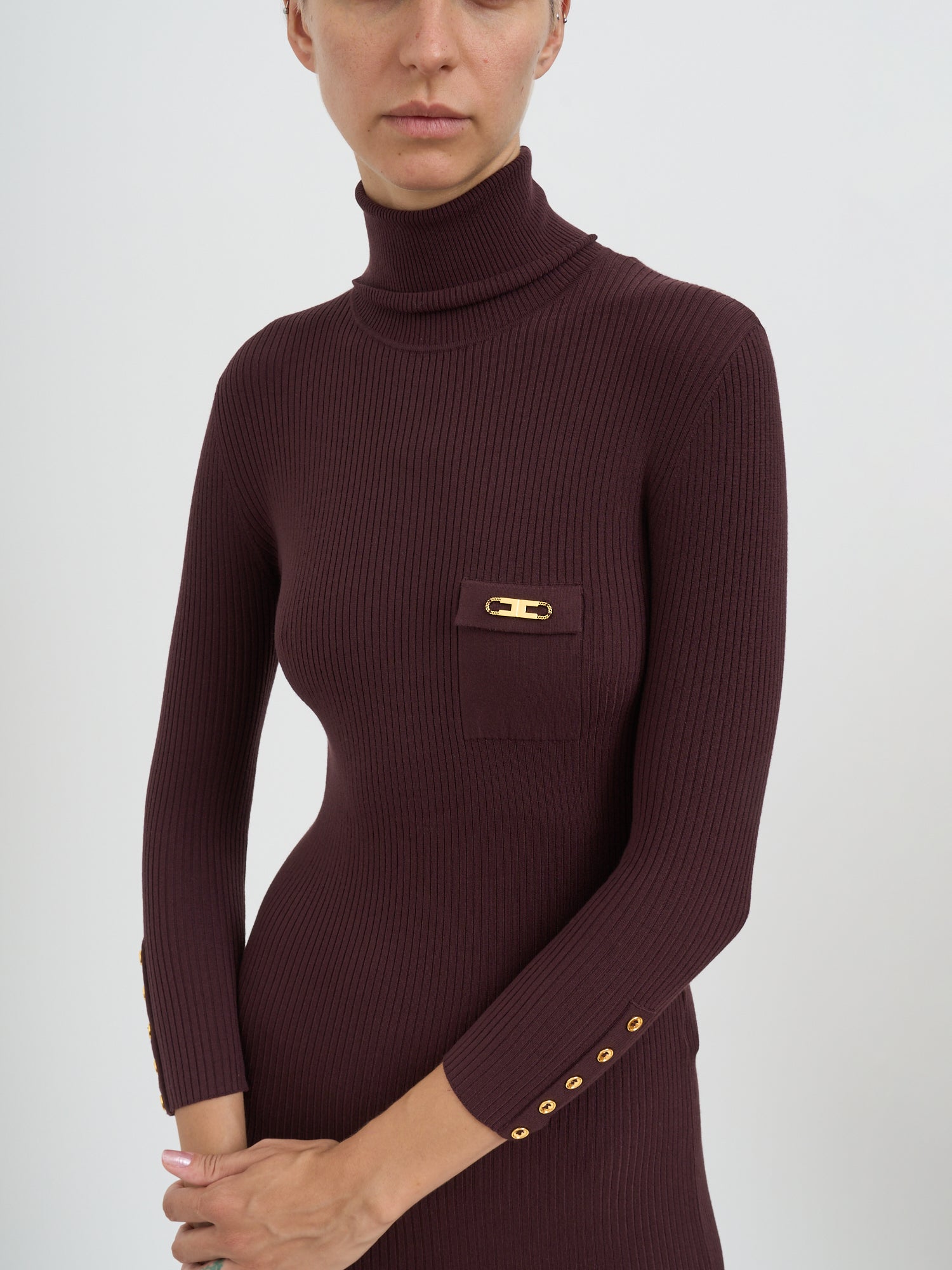 ELISABETTA FRANCHI Ribbed Knit Dress with Gold-Tone Logo Pocket - 125cm Length