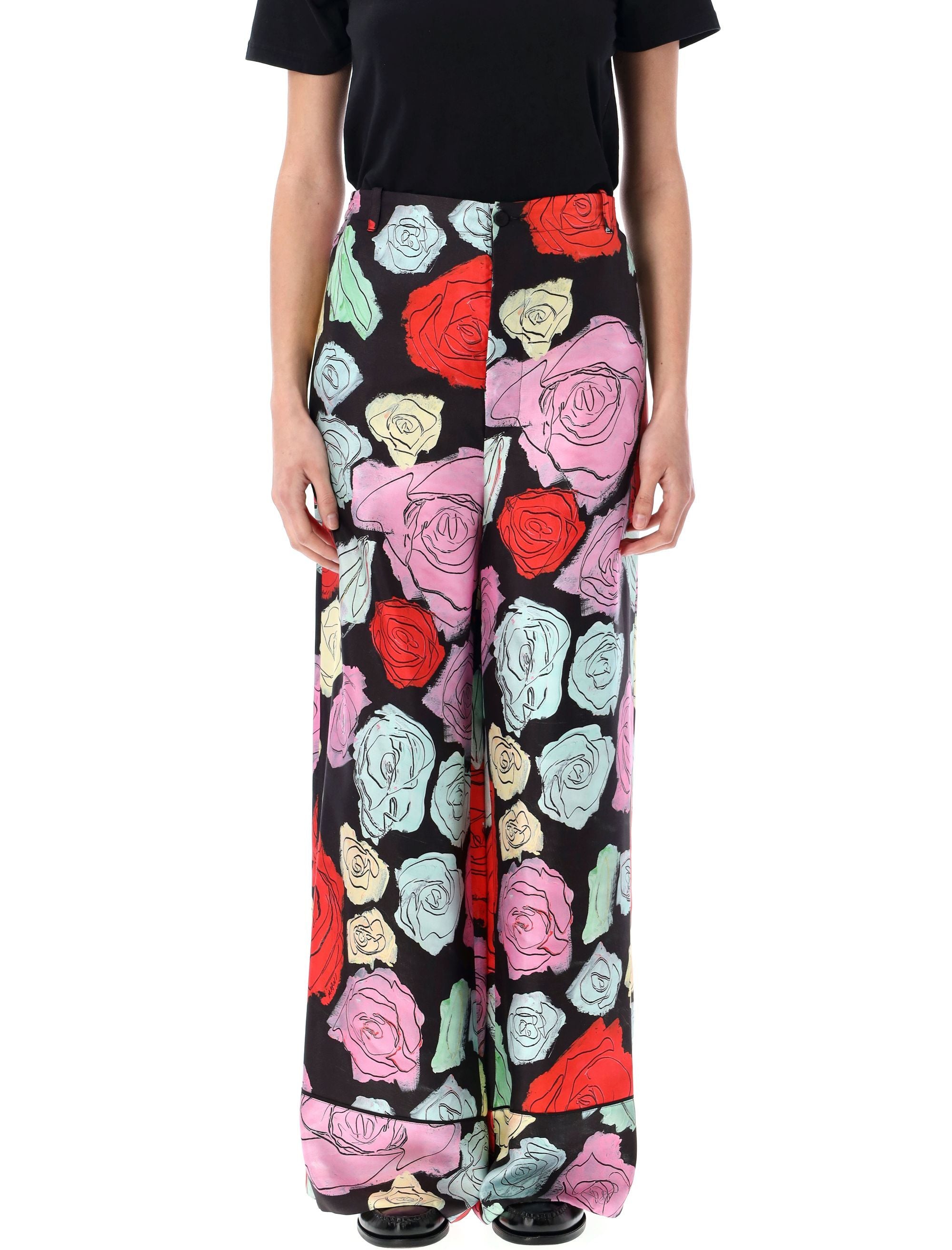 MARNI Palazzo Trousers with Vibrant Rose Print
