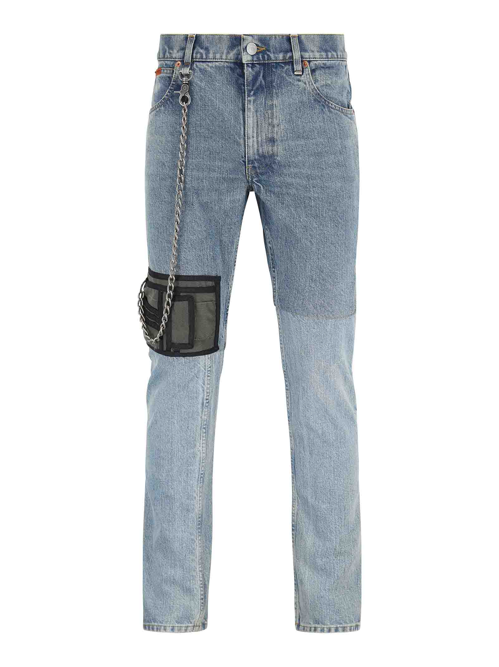 MARTINE ROSE Unique Patchwork Jeans with Pendant Chain for Men