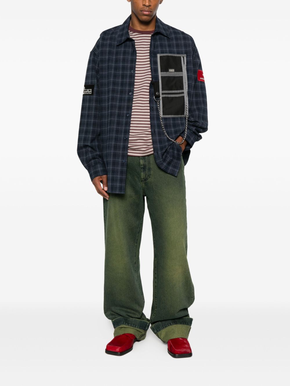 MARTINE ROSE Oversized Checkered Design Shirt with Chain Detail - Men