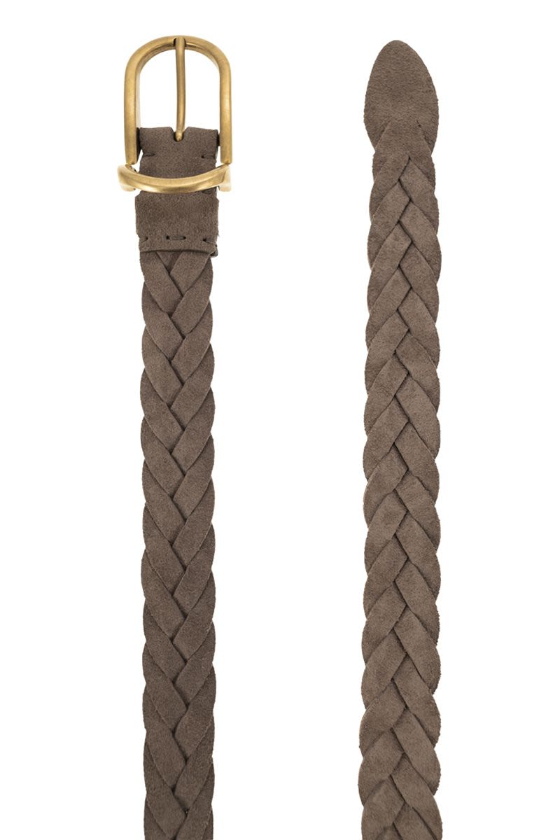 BRUNELLO CUCINELLI Woven Suede Belt with Rounded Buckle and Metal Loop - 3 cm Height