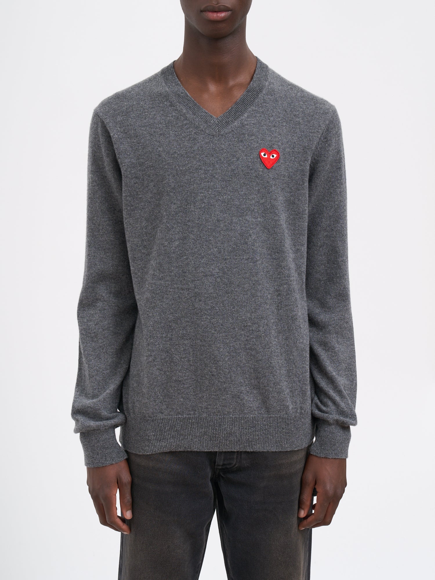 COMME DES GARÇONS PLAY Men's V-Neck Wool Sweater with Logo Appliqué (Size L)