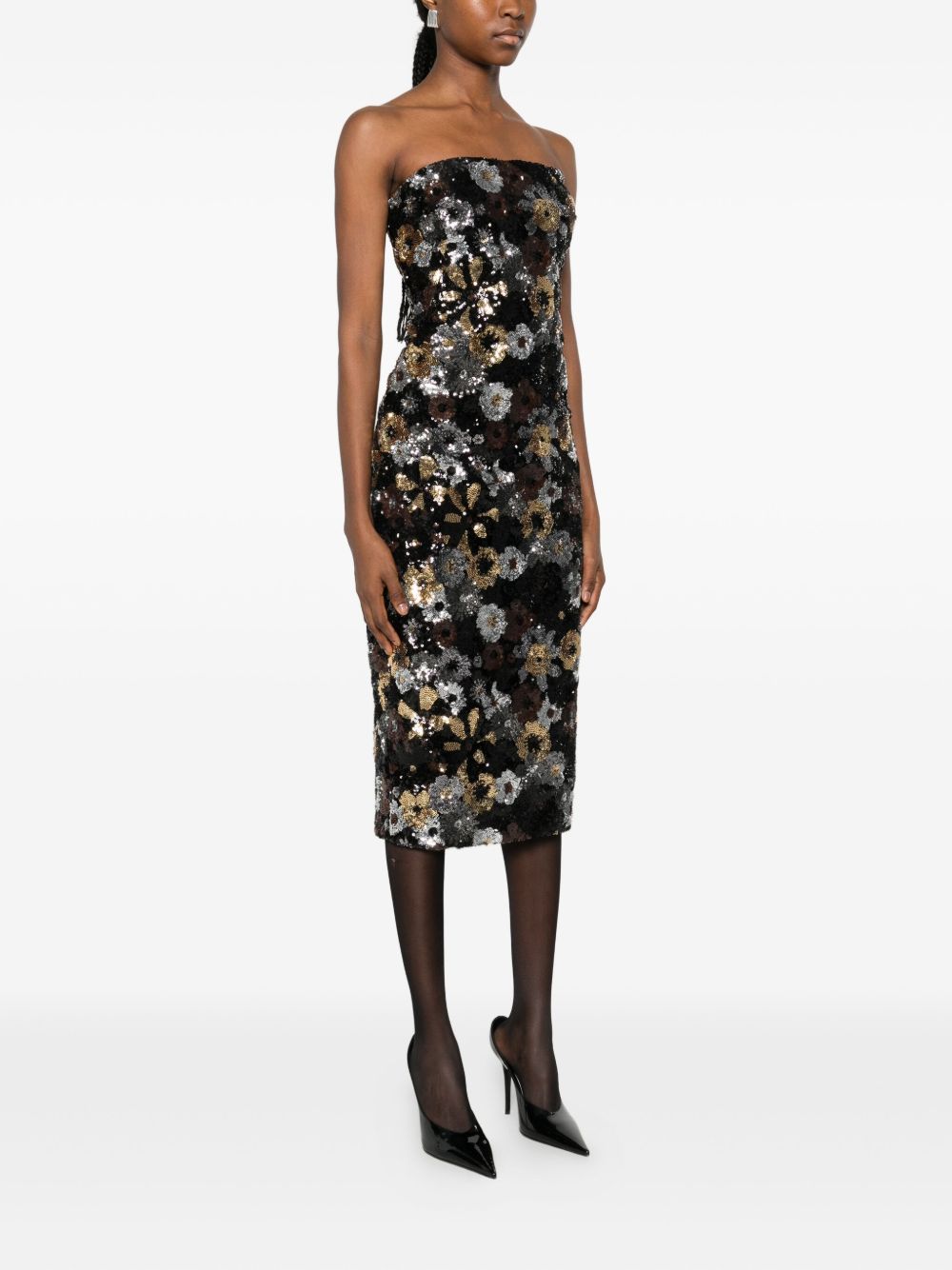 MAX MARA Strapless Midi Dress with Multicolor Sequin Floral Pattern