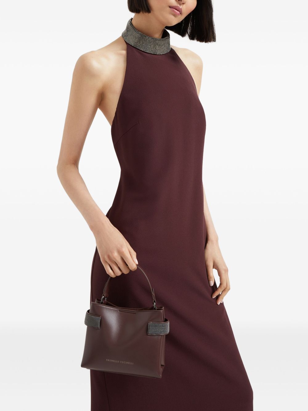 BRUNELLO CUCINELLI Mini Calfskin Top-Handle Handbag with Embellished Sides