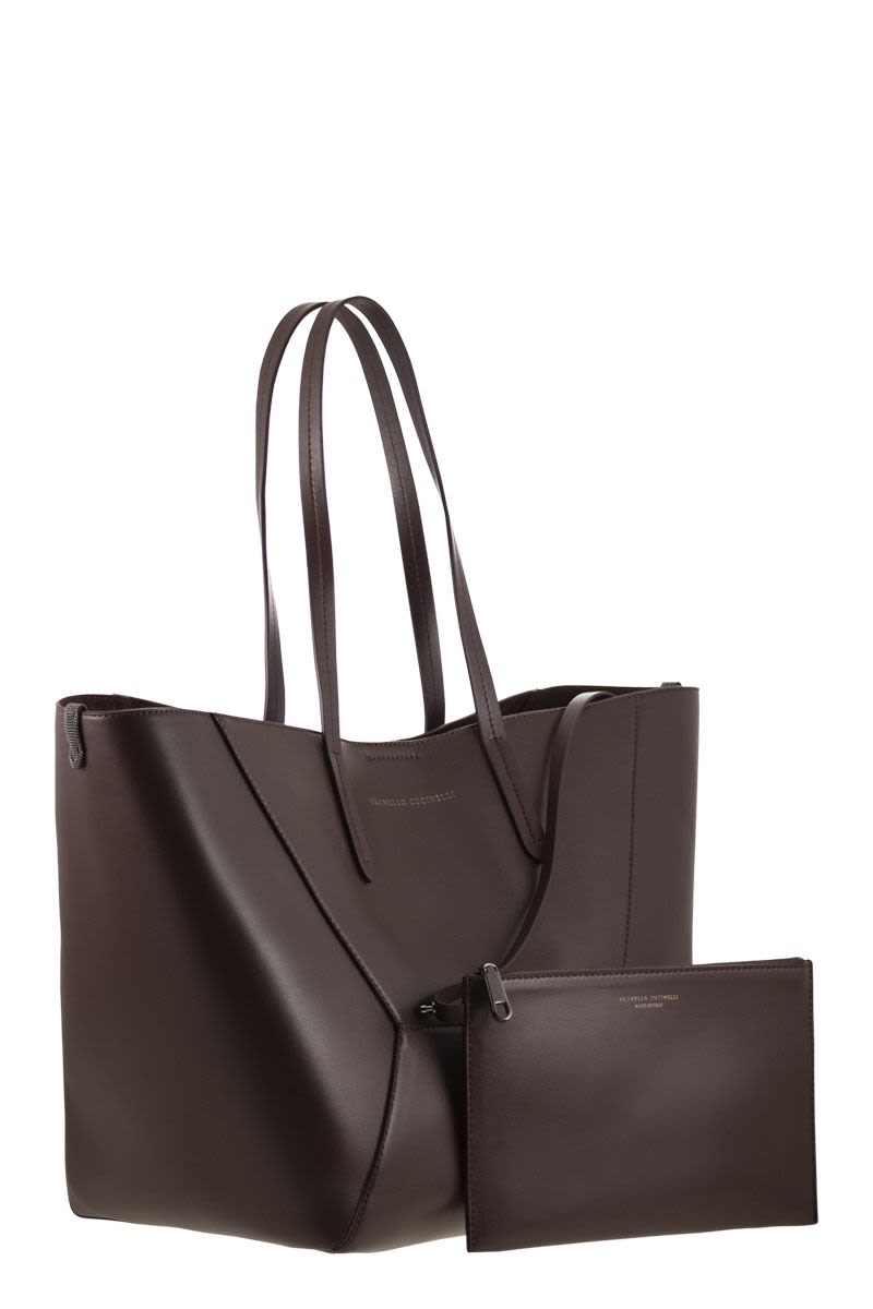 BRUNELLO CUCINELLI Leather Duo Tote Handbag with Detachable Pouch