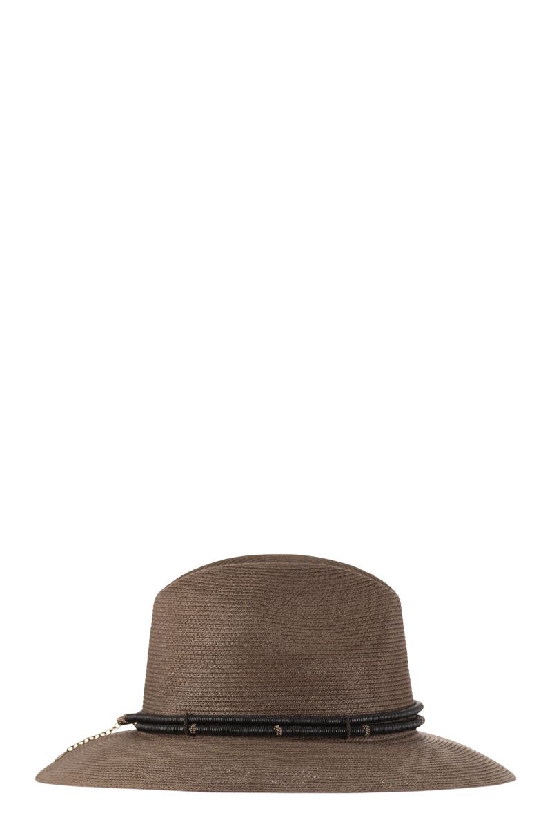BRUNELLO CUCINELLI Women's Fedora Hat Made of Hemp and Techno Cotton with Leather Band and Necklace