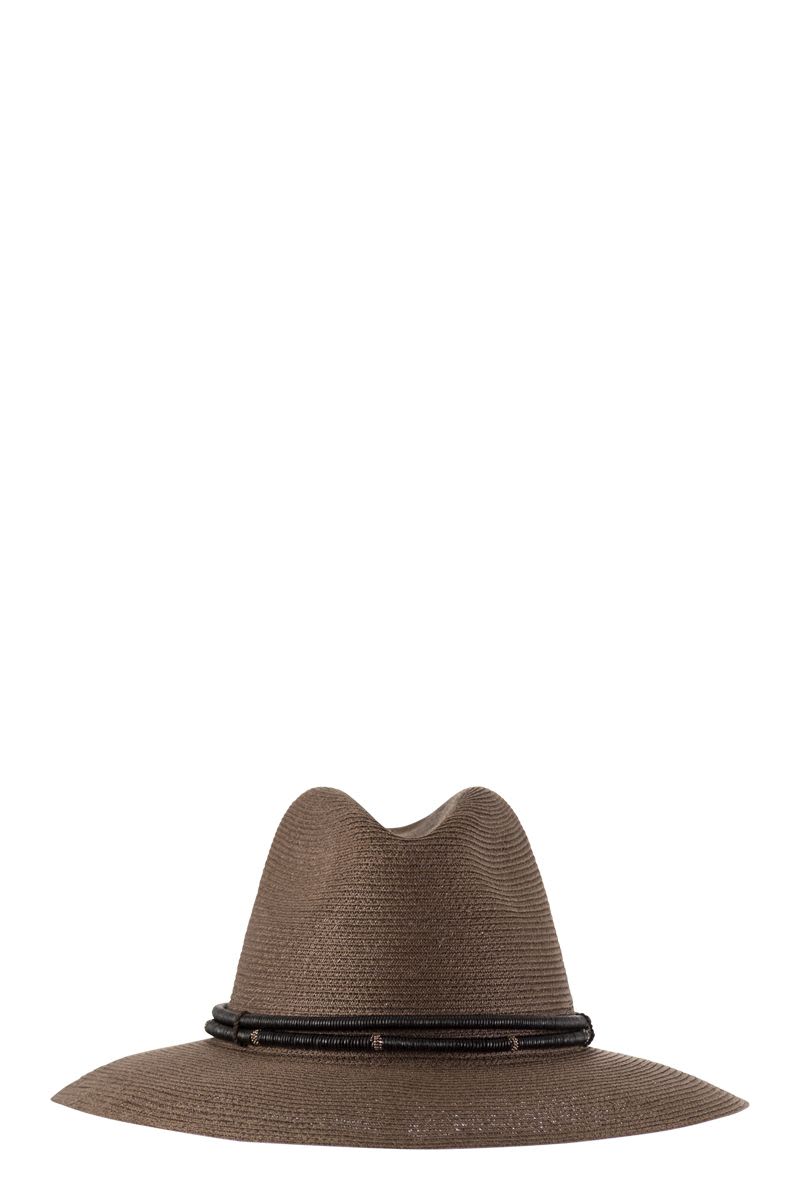 BRUNELLO CUCINELLI Women's Fedora Hat Made of Hemp and Techno Cotton with Leather Band and Necklace