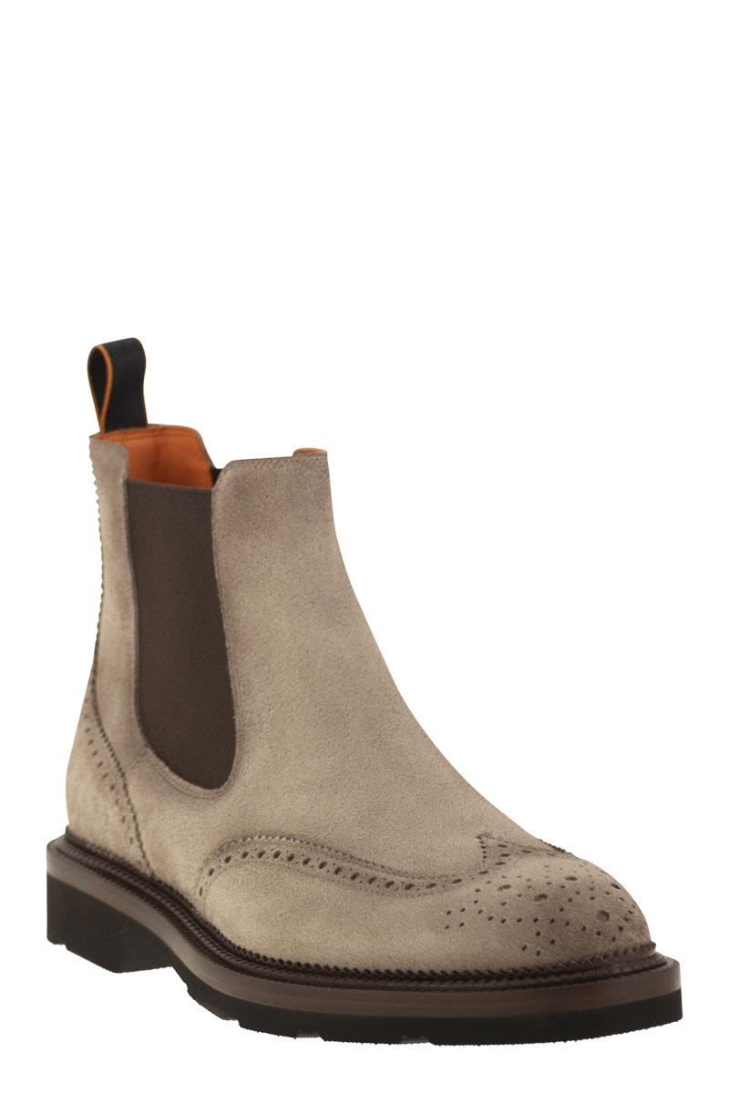 SANTONI Men's Chelsea Brogue Suede Ankle Boots - 3.5 cm Heel