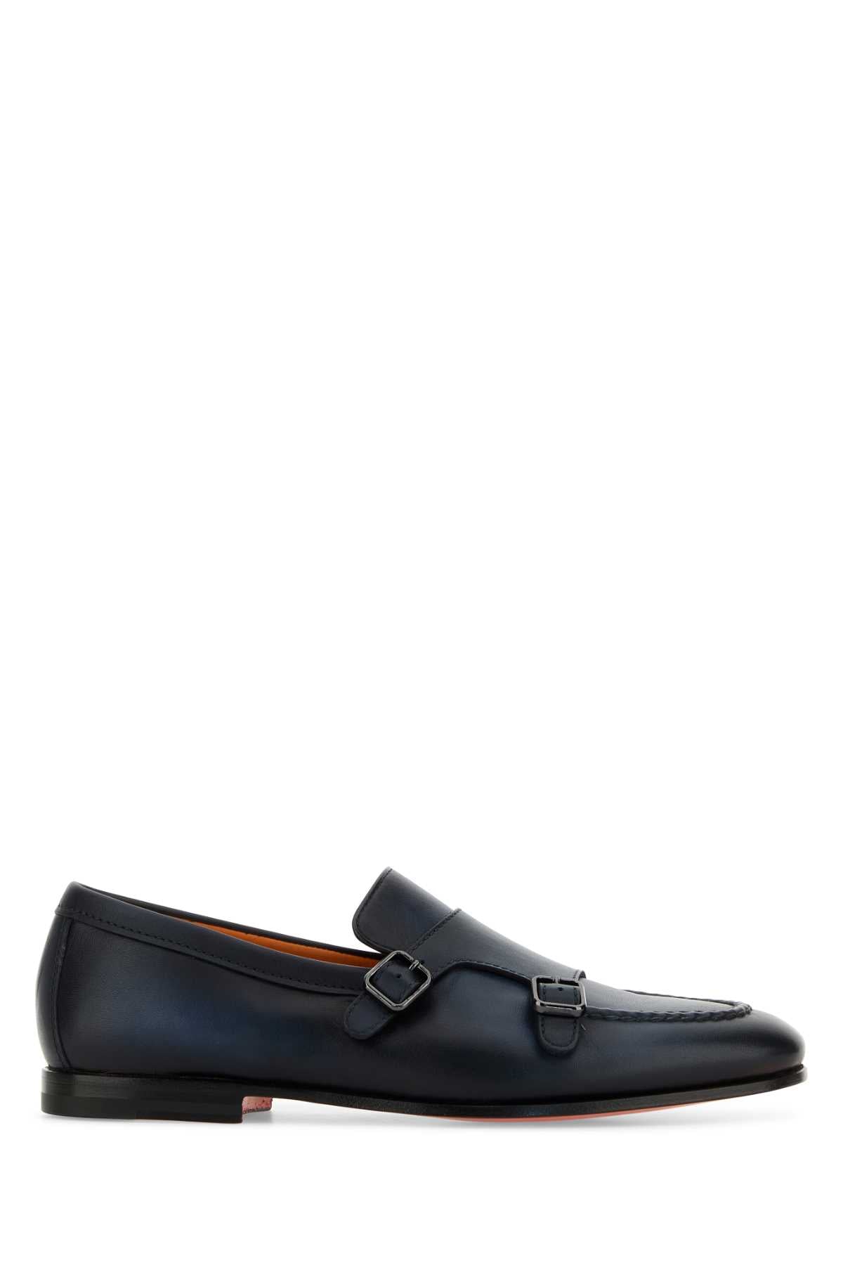 SANTONI Midnight Leather Monk Strap Shoes for Men