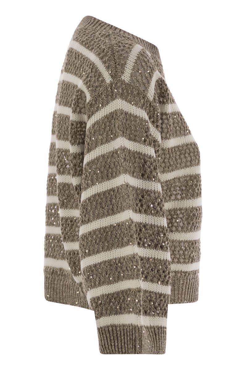 BRUNELLO CUCINELLI Dazzling Striped Net Linen T-Shirt - Womens