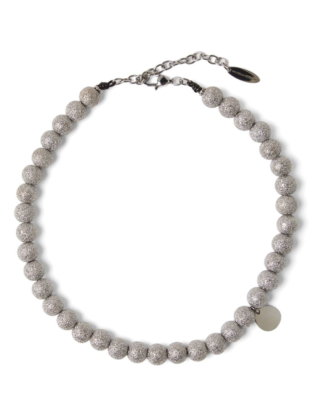 BRUNELLO CUCINELLI Elegant Silver Shimmer Bead Necklace with Drop Pendant