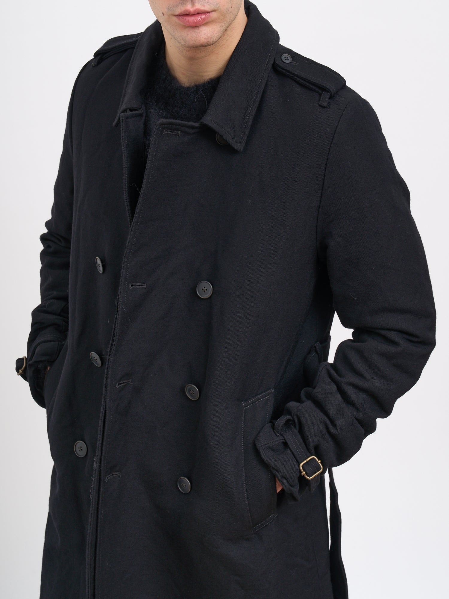 POEME BOHEMIEN Double-Breasted Long Trench Jacket in Size 50