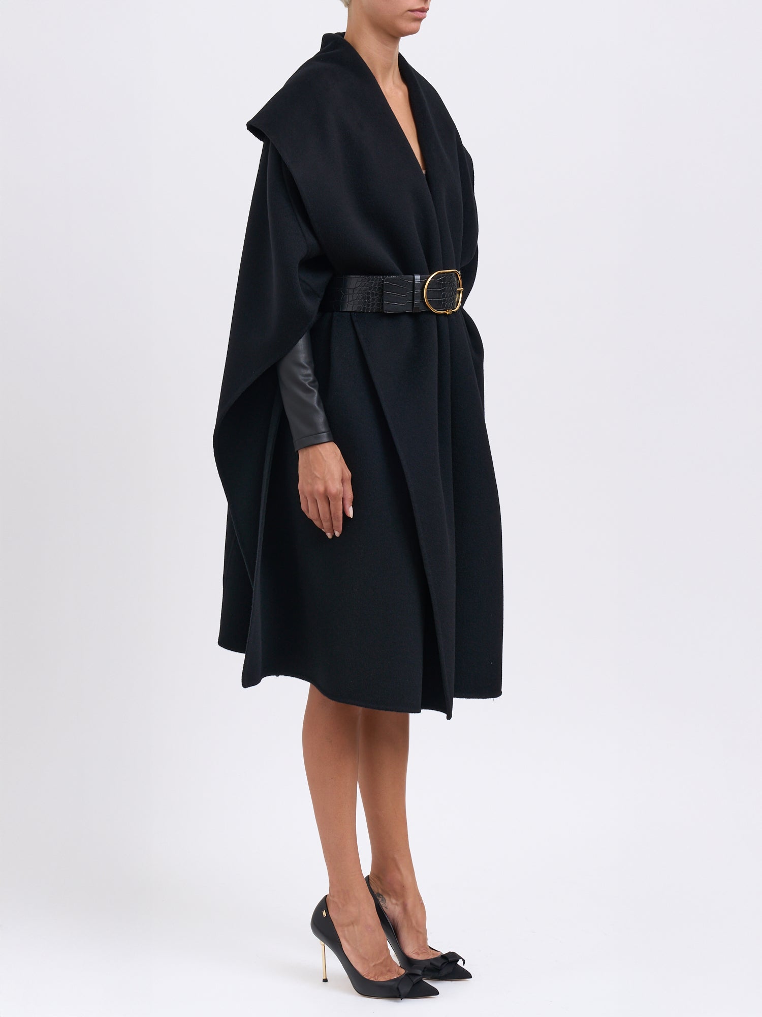 ELISABETTA FRANCHI Women's Double Wool Cloth Jacket with Leather-Effect Belt - 100 cm