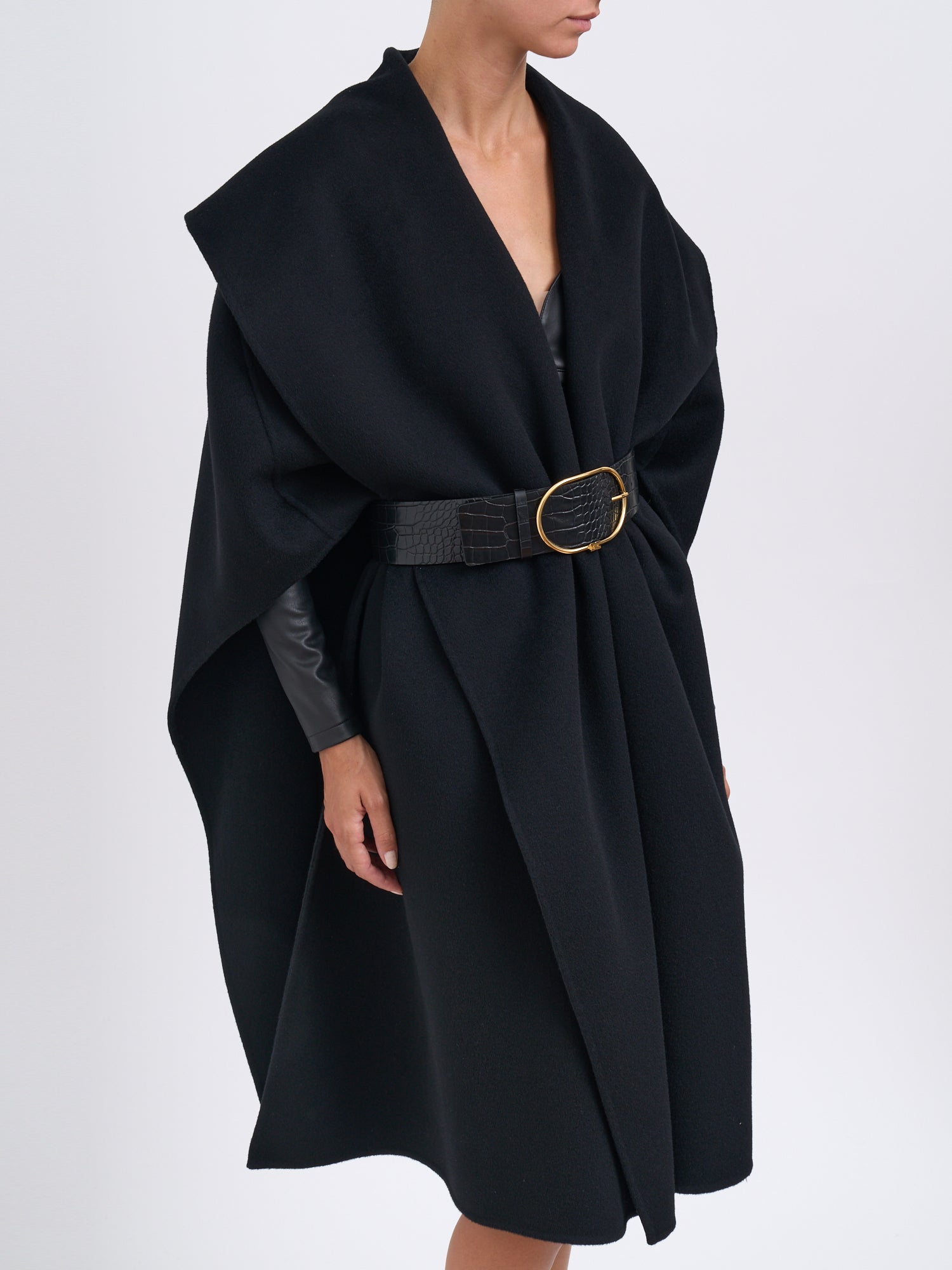 ELISABETTA FRANCHI Women's Double Wool Cloth Jacket with Leather-Effect Belt - 100 cm