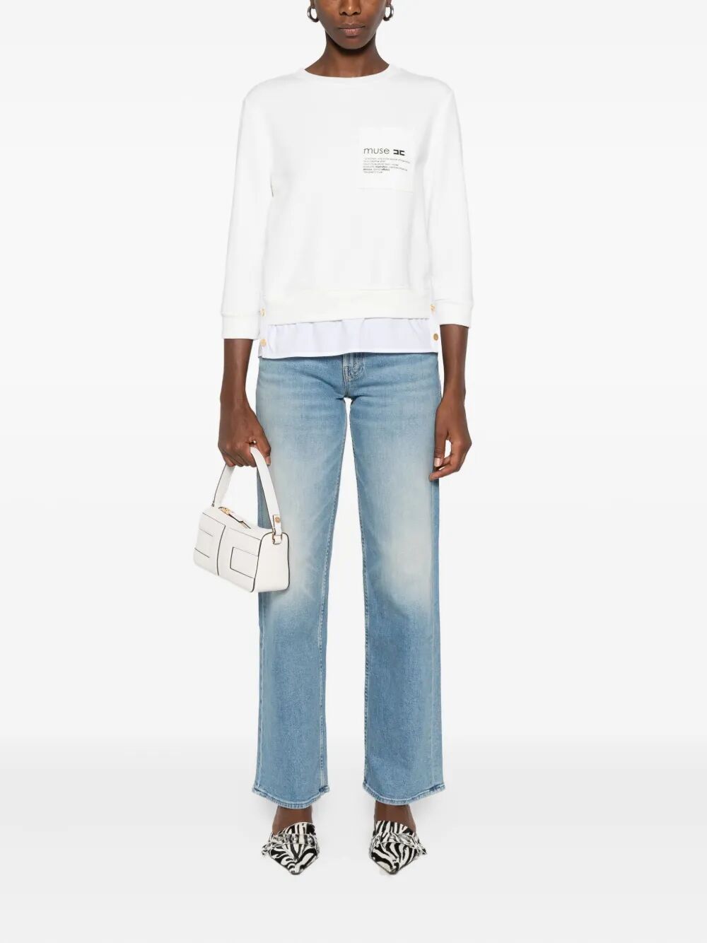 ELISABETTA FRANCHI Fleece Top with Poplin Fabric Details