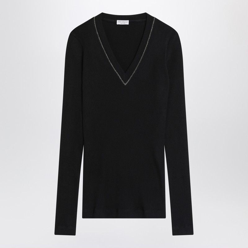 BRUNELLO CUCINELLI Ribbed Wool Sweater with Wide V-Neck and Jewel Detail