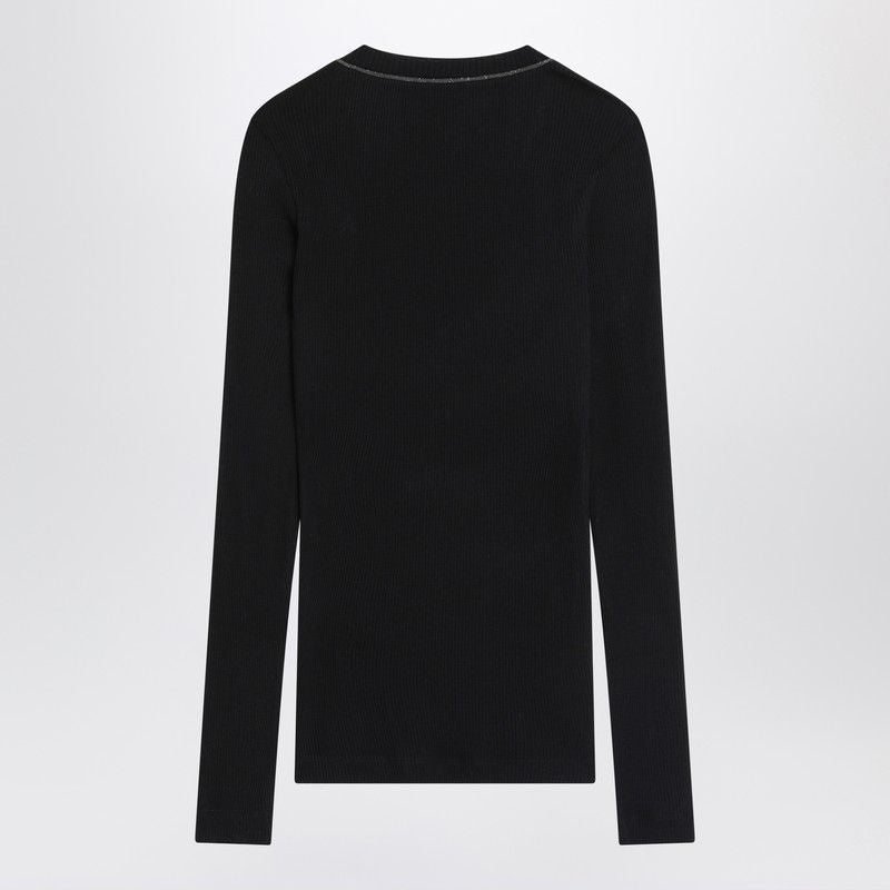 BRUNELLO CUCINELLI Ribbed Wool Sweater with Wide V-Neck and Jewel Detail
