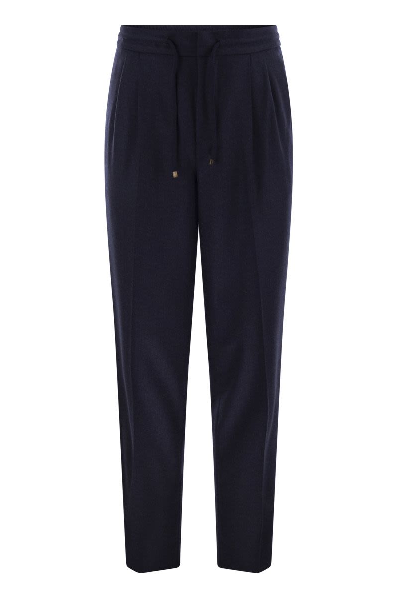 BRUNELLO CUCINELLI Leisure Fit Trousers in Virgin Wool Flannel with Drawstring and Double Darts