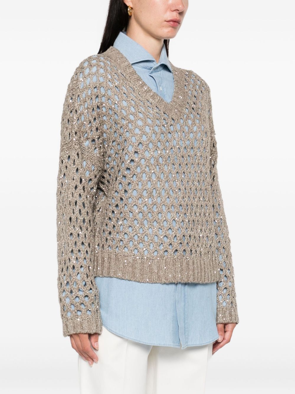 BRUNELLO CUCINELLI Open-Knit V-Neck Sweater