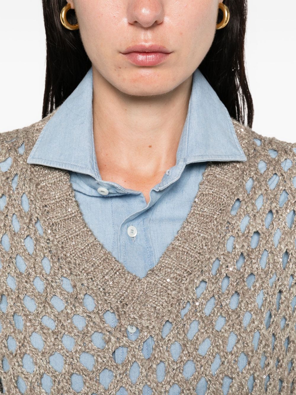 BRUNELLO CUCINELLI Open-Knit V-Neck Sweater