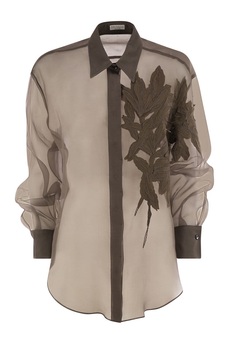 BRUNELLO CUCINELLI Crispy Silk Flora Appliqué Shirt