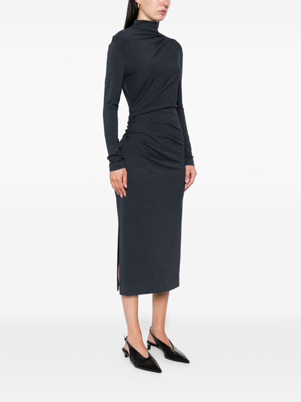 BRUNELLO CUCINELLI Wool Blend Midi Dress with High Neck and Side Slit