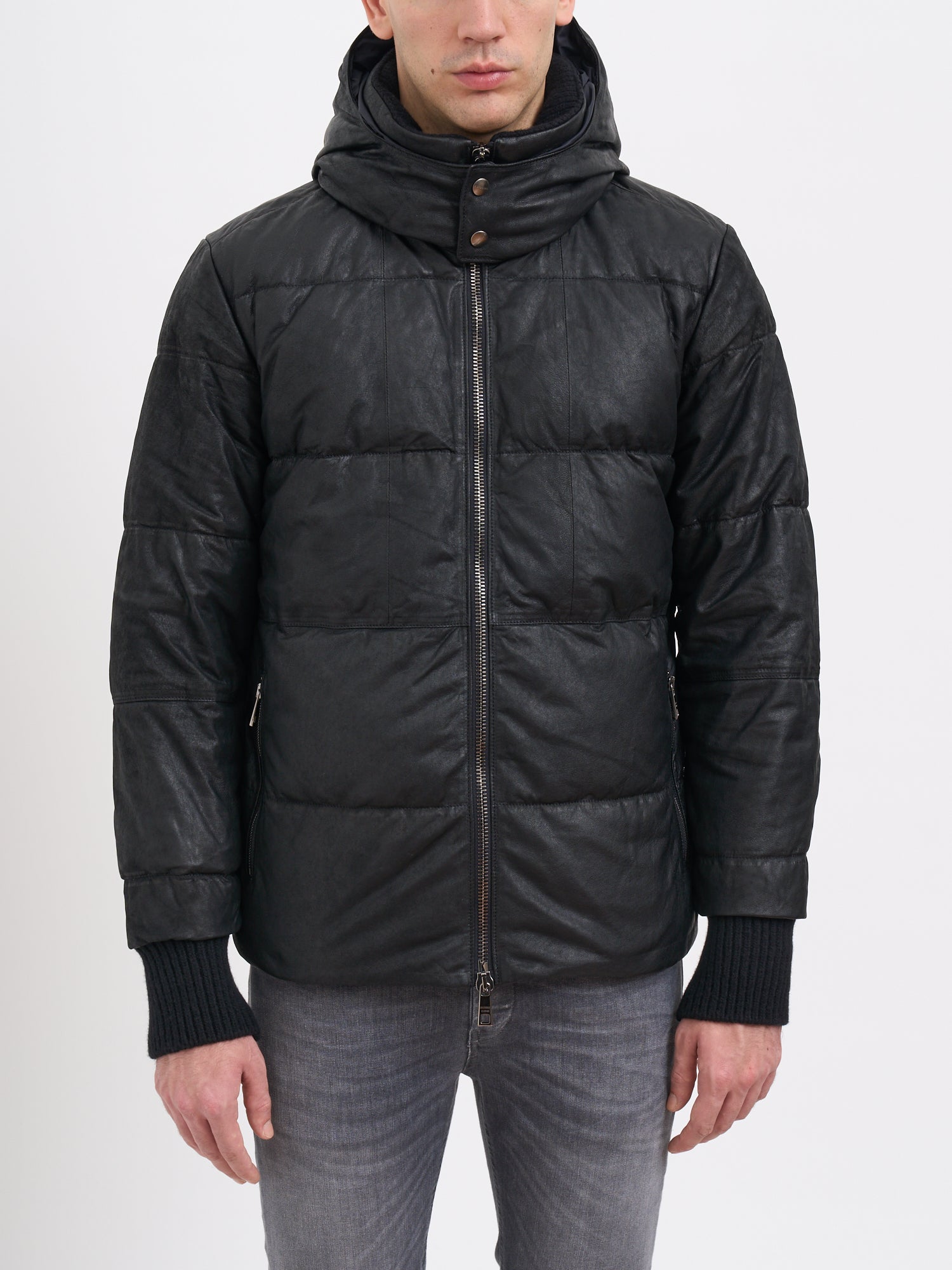 GIORGIO BRATO Men's Leather Down Jacket with Hood