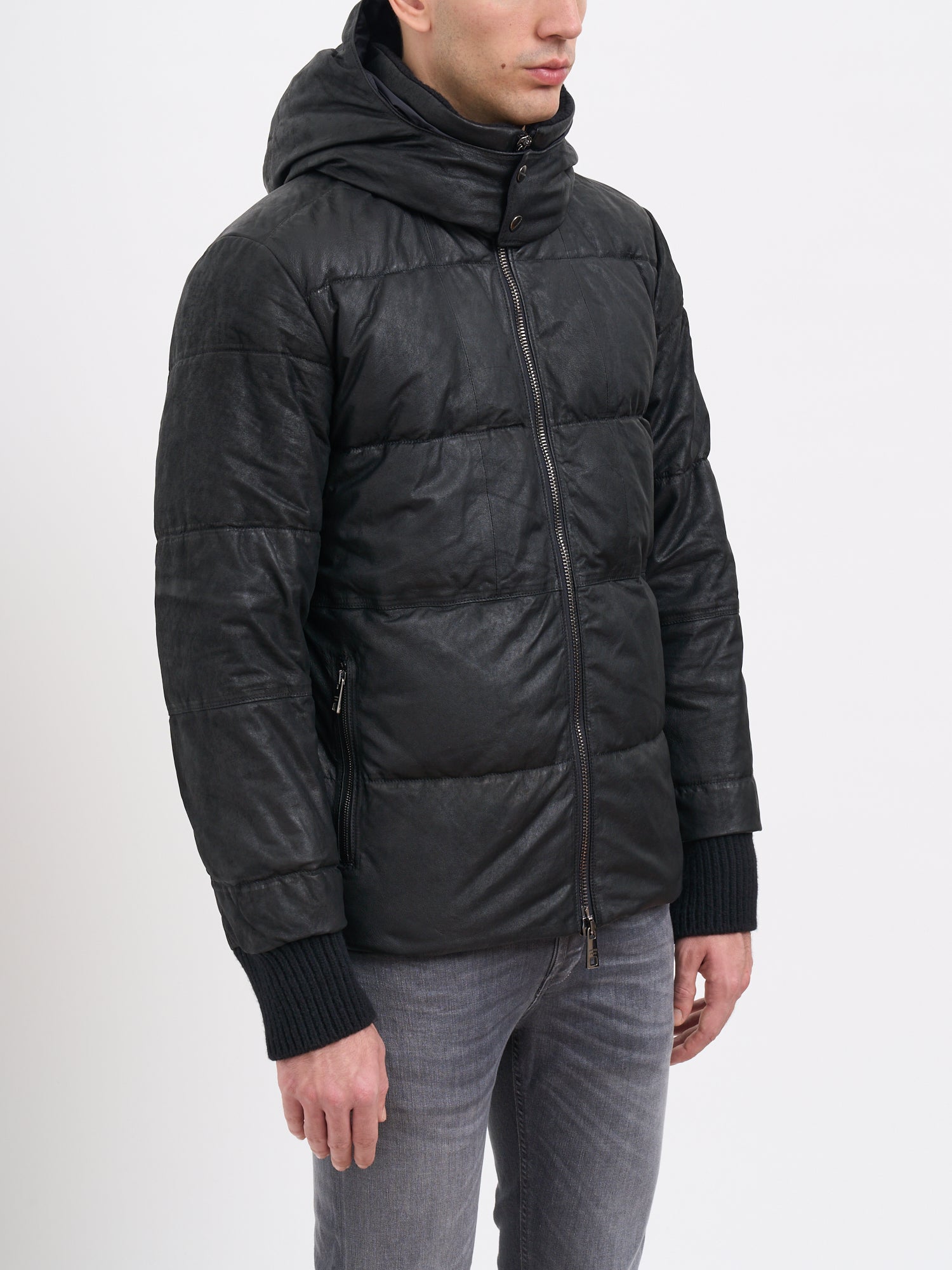 GIORGIO BRATO Men's Leather Down Jacket with Hood