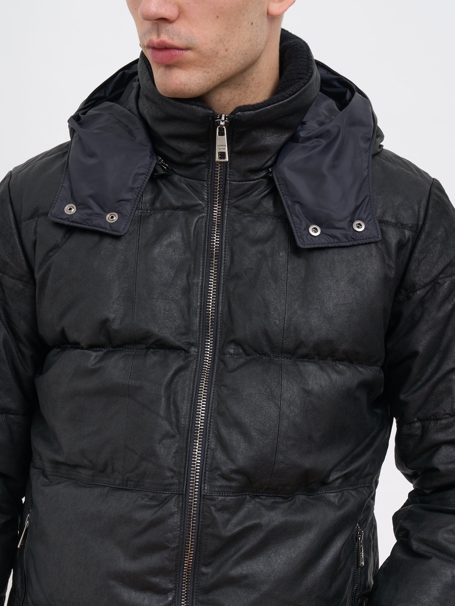 GIORGIO BRATO Men's Leather Down Jacket with Hood