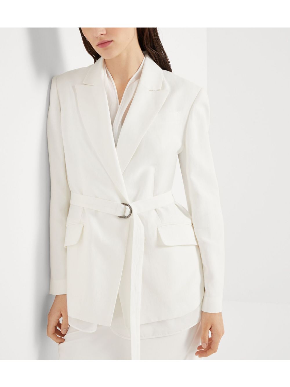 BRUNELLO CUCINELLI Fluid Viscose-Linen Twill Jacket with Belt and Necklace