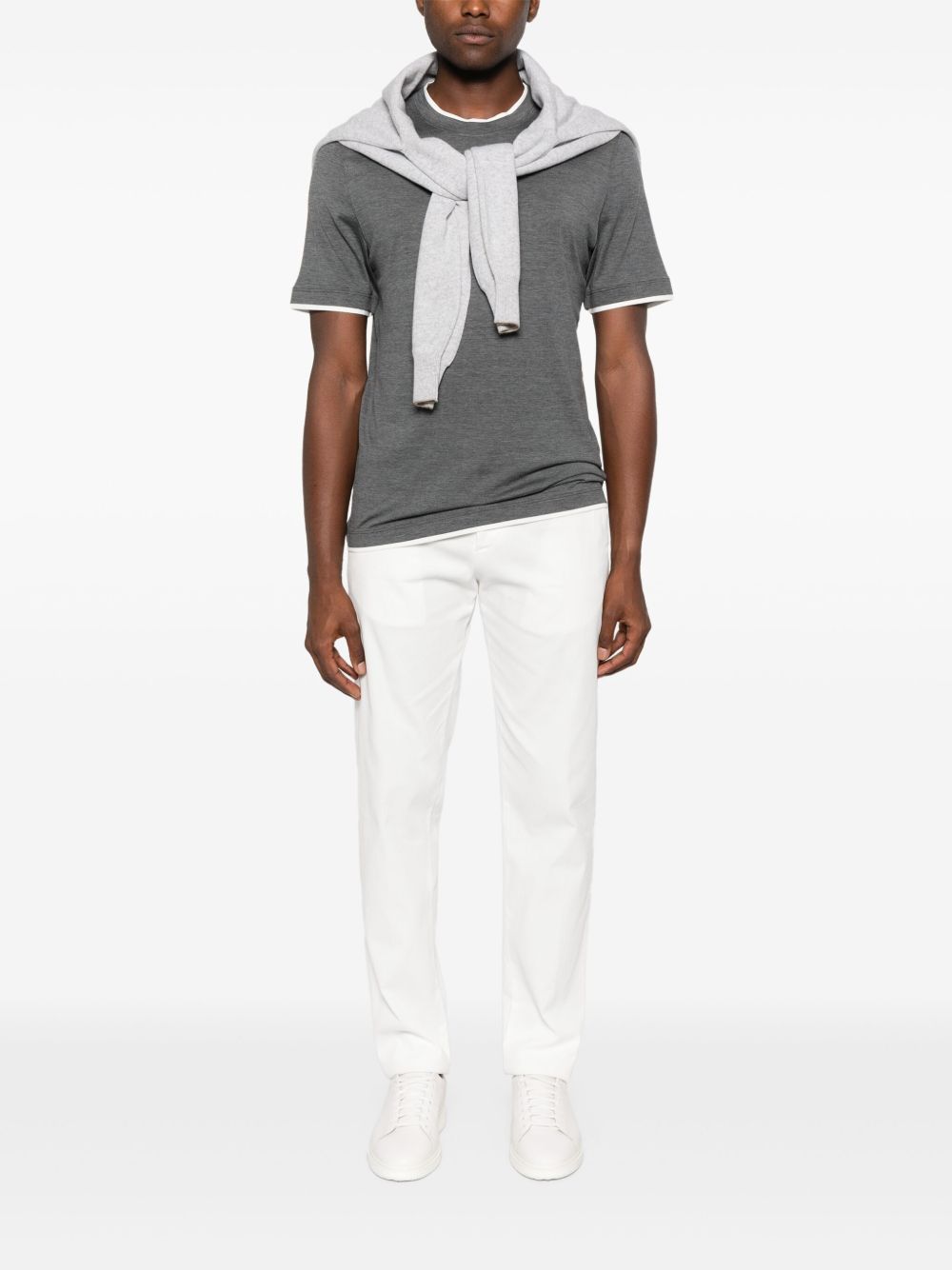 BRUNELLO CUCINELLI Silk Blend Crew Neck T-Shirt with Contrasting Border