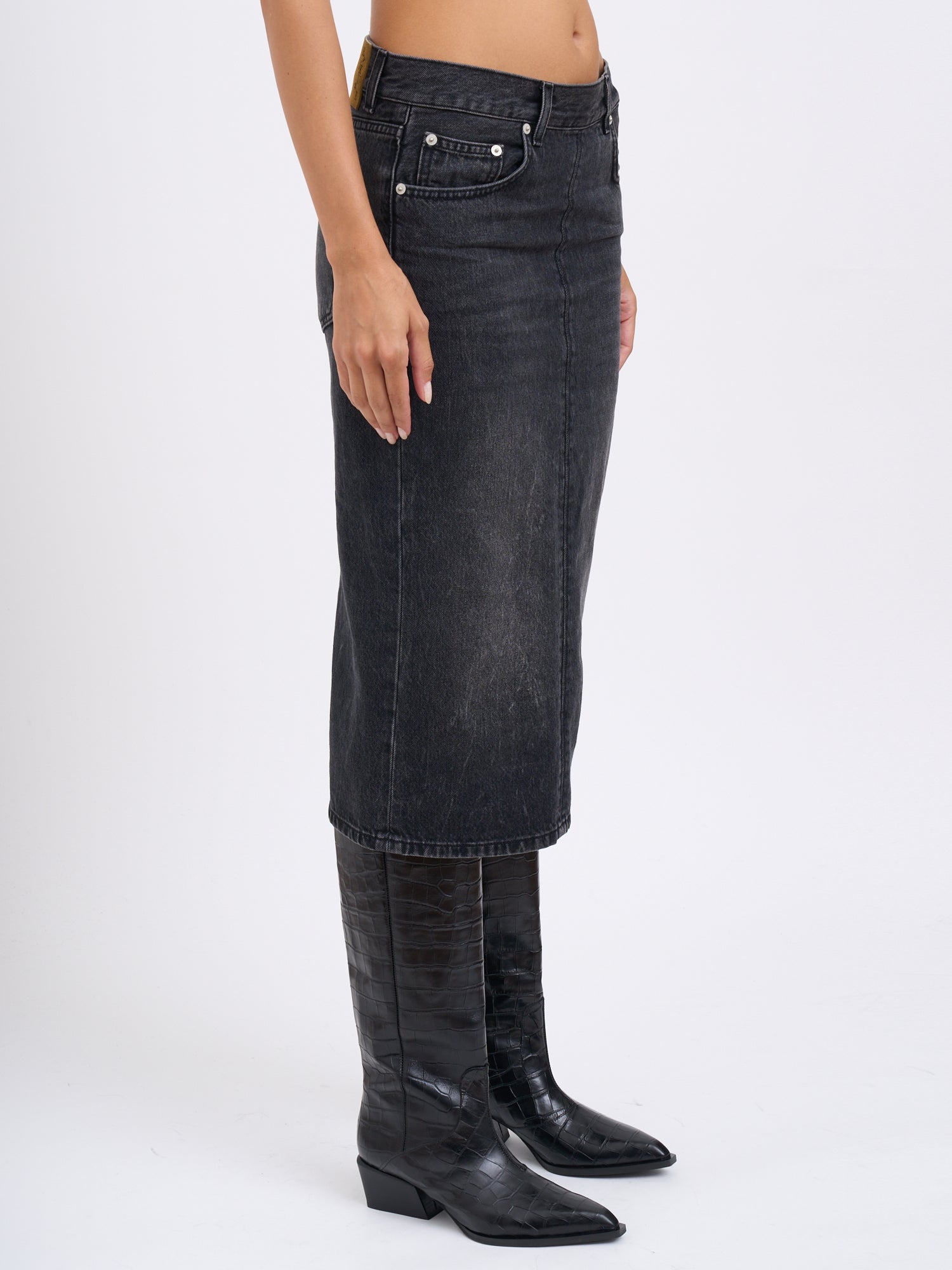 HAIKURE Authentic Black Wash Denim Midi Skirt - Size 25