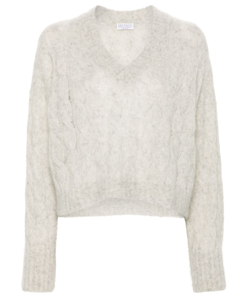 BRUNELLO CUCINELLI Cable Knit V-Neck Sweater with Long Sleeves