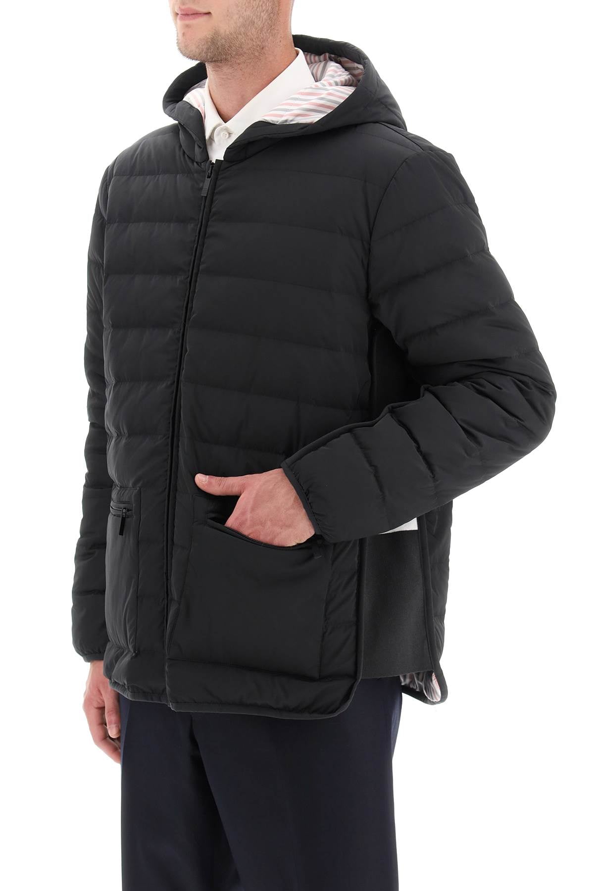 THOM BROWNE Men's Hooded Down Jacket with Contrasting Side Stripes - FW23 Size 0