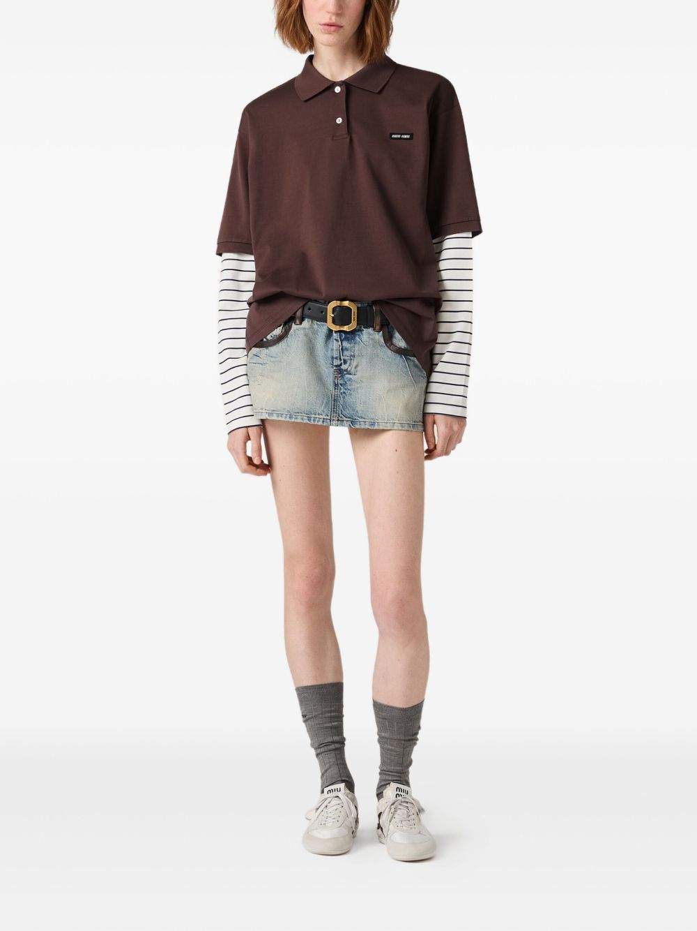 MIU MIU Cocoa Polo Shirt with Natural Sleeves for Women - FW25