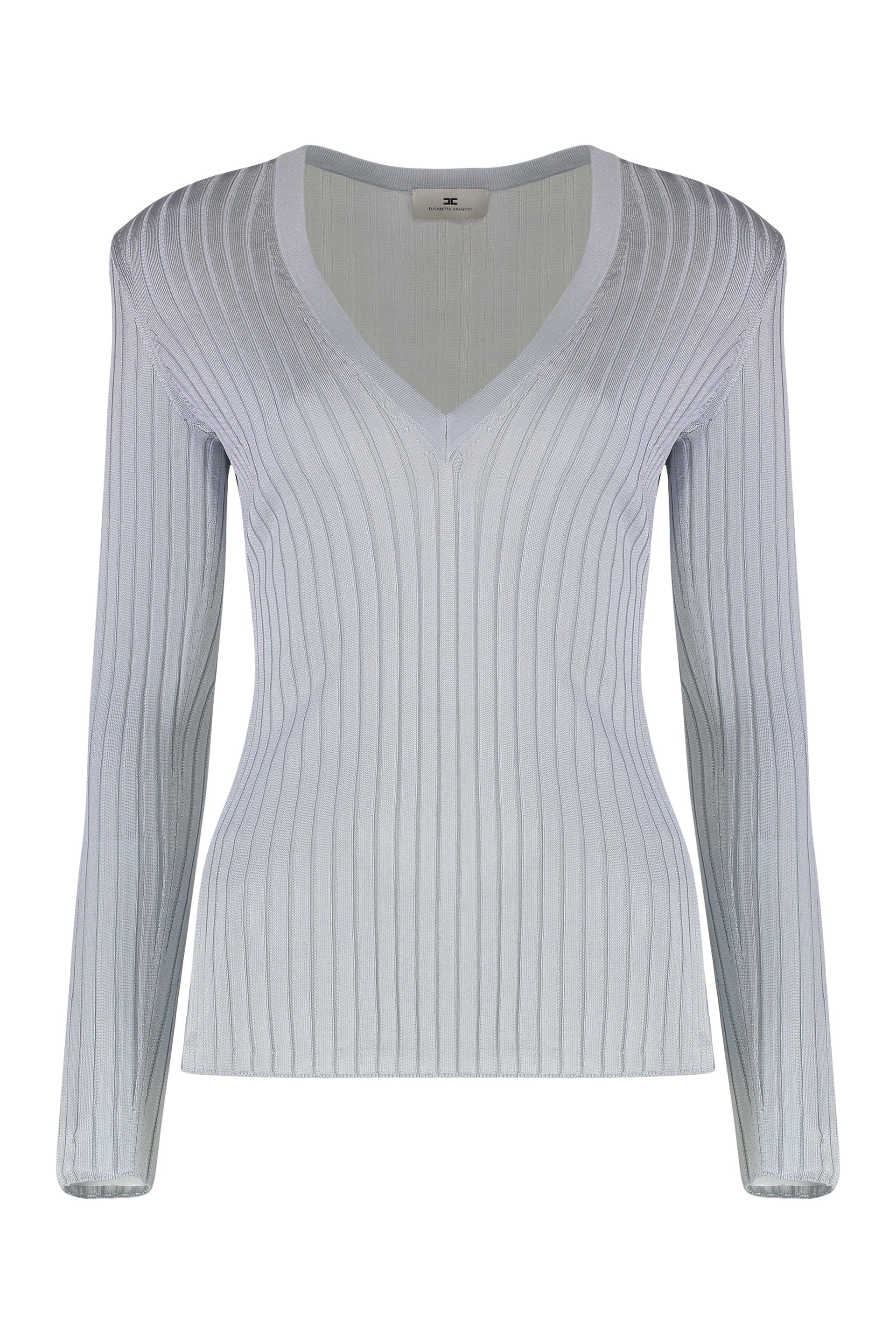 ELISABETTA FRANCHI Long Sleeve Ribbed Knit Top with V-Neckline and Padded Shoulders
