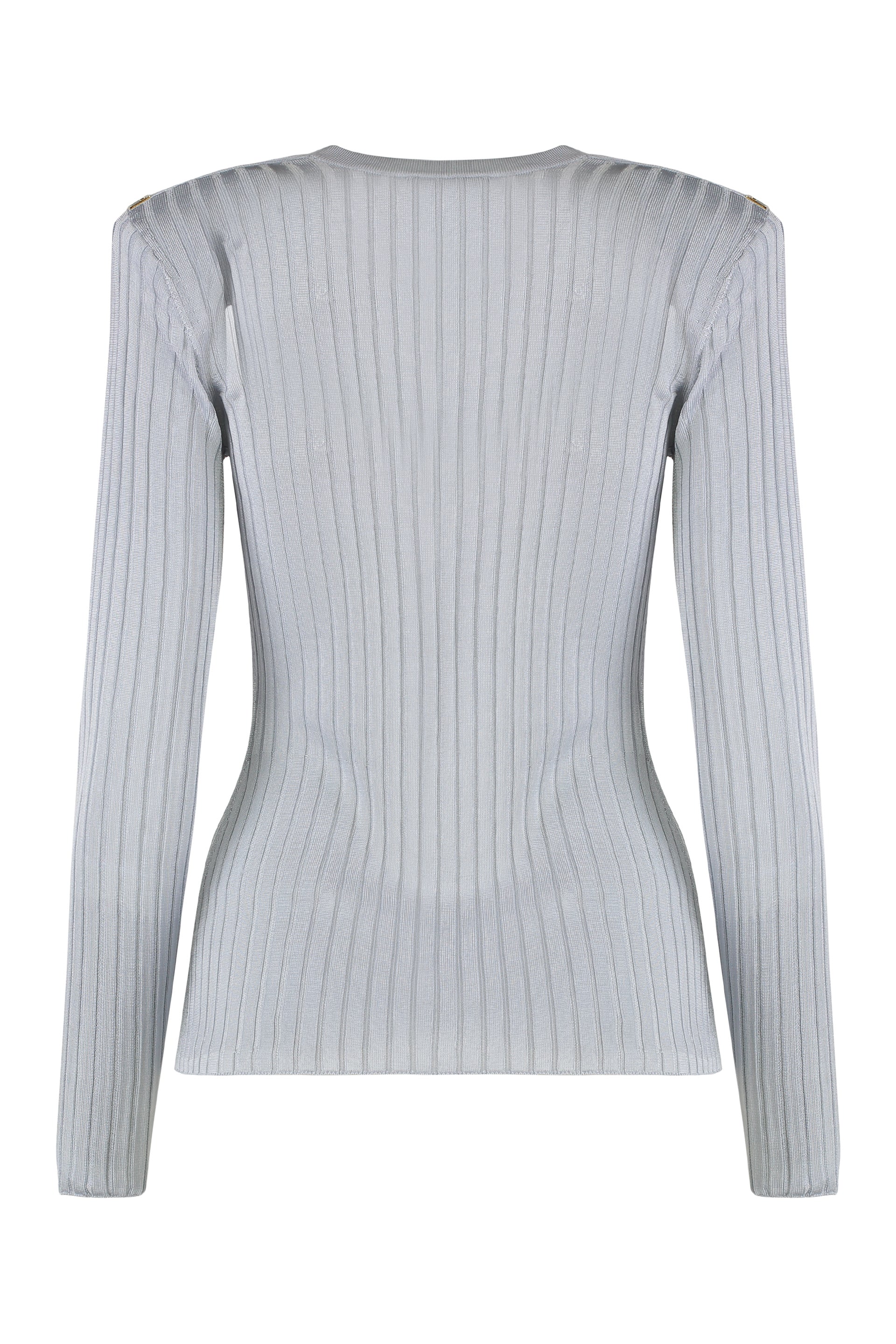 ELISABETTA FRANCHI Long Sleeve Ribbed Knit Top with V-Neckline and Padded Shoulders