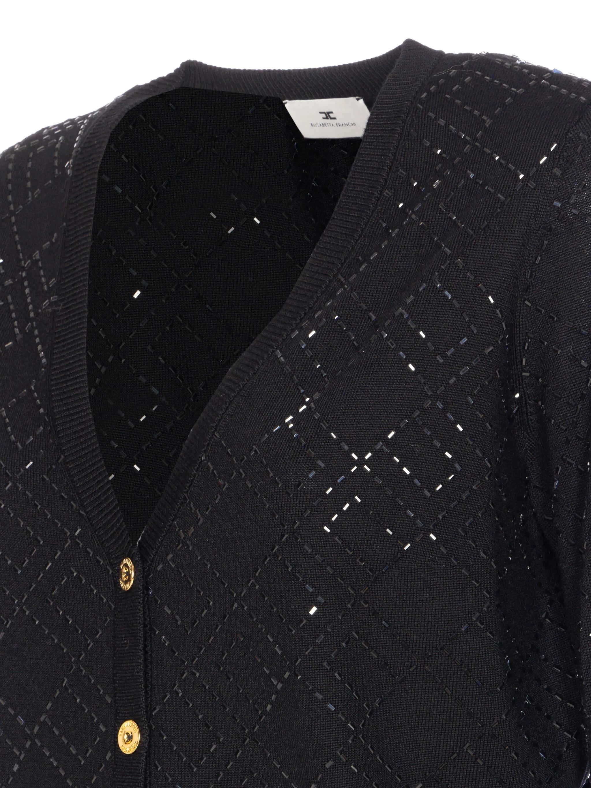 ELISABETTA FRANCHI Elegant Wool Cardigan with Crystals