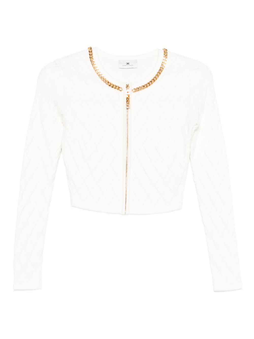 ELISABETTA FRANCHI Cropped Cardigan with Diamond Pattern and Gold Trim