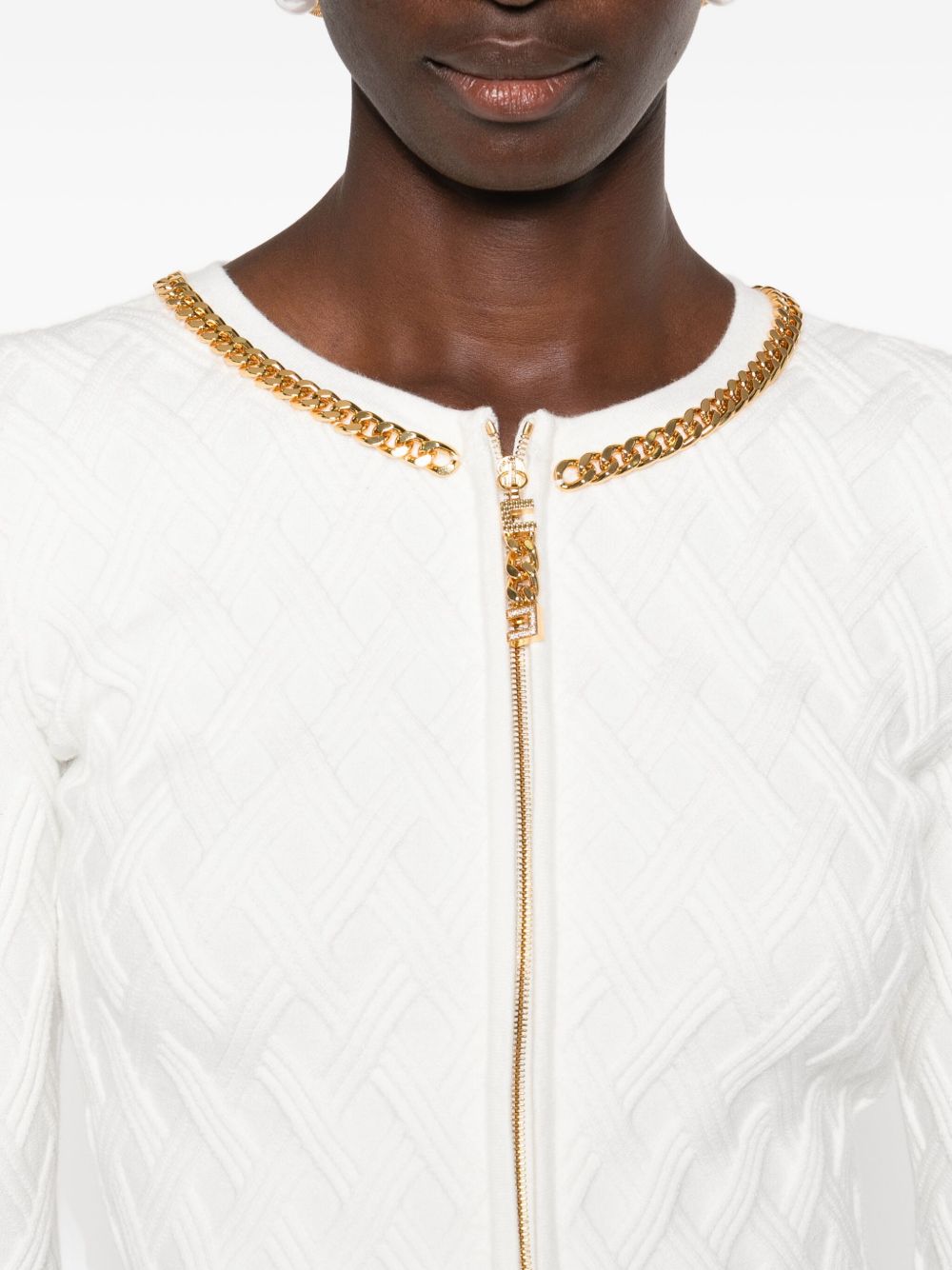 ELISABETTA FRANCHI Cropped Cardigan with Diamond Pattern and Gold Trim