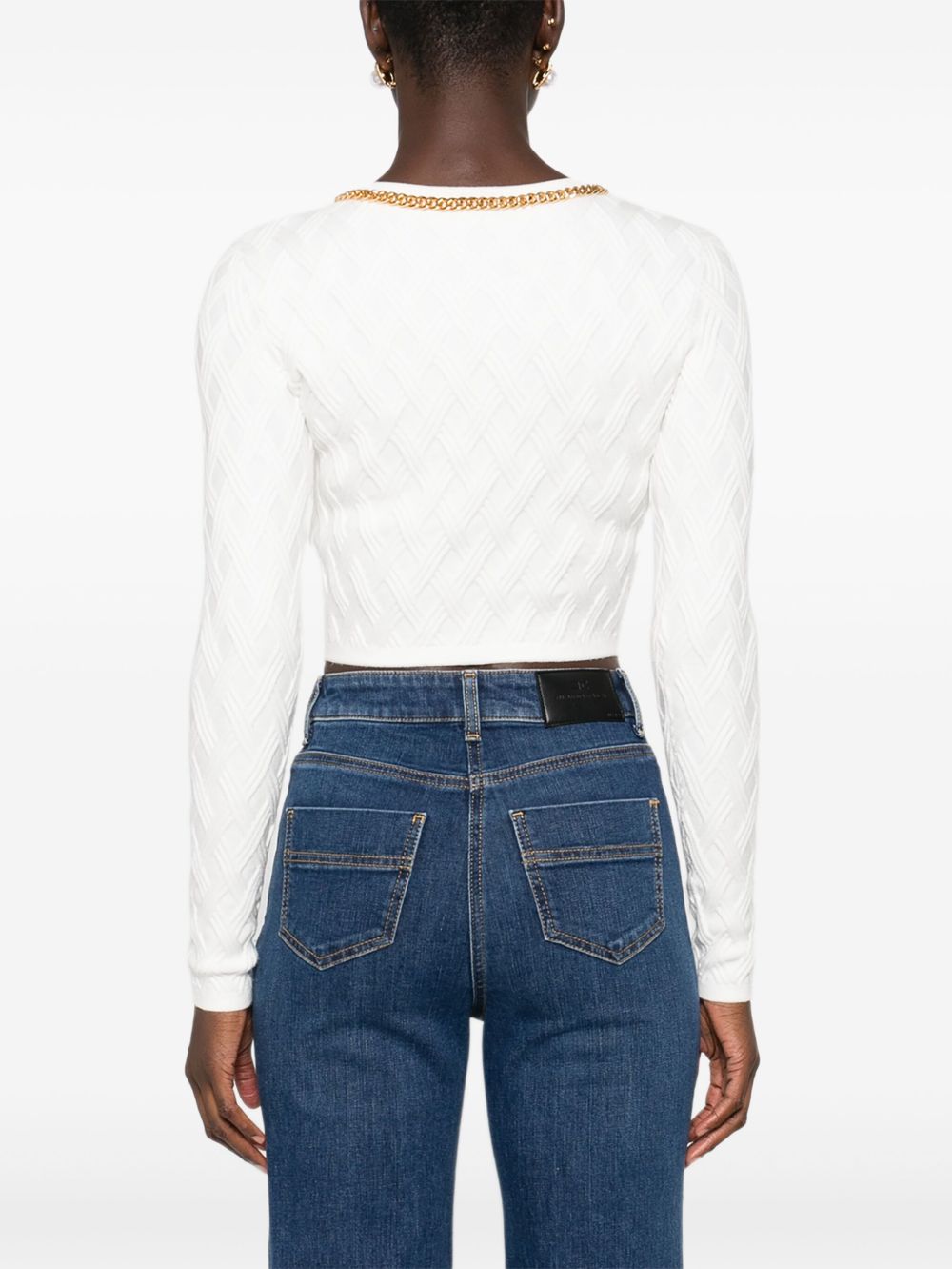 ELISABETTA FRANCHI Cropped Cardigan with Diamond Pattern and Gold Trim
