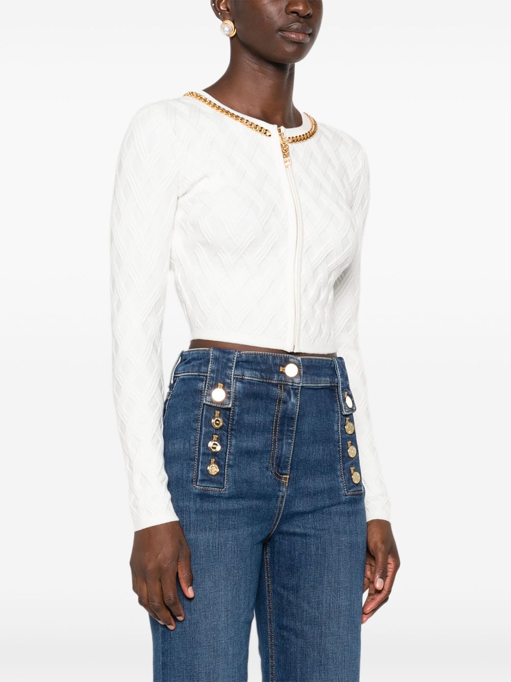 ELISABETTA FRANCHI Cropped Cardigan with Diamond Pattern and Gold Trim
